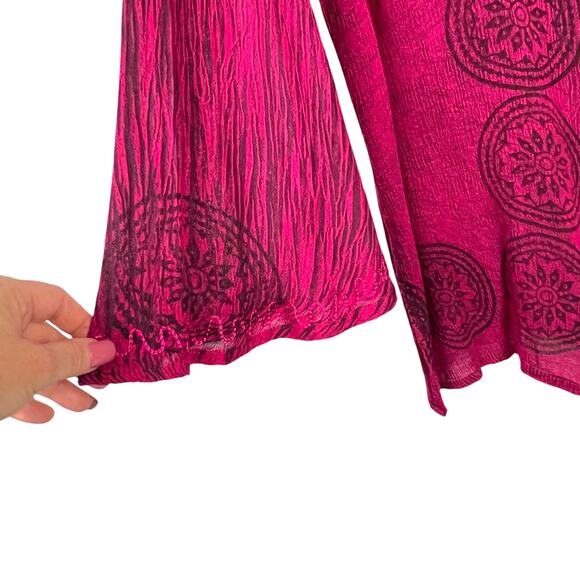 INDIA BOUTIQUE Boho Crinkle Cotton Embroidered Button Front Tunic Bell Sleeves - Picture 3 of 6